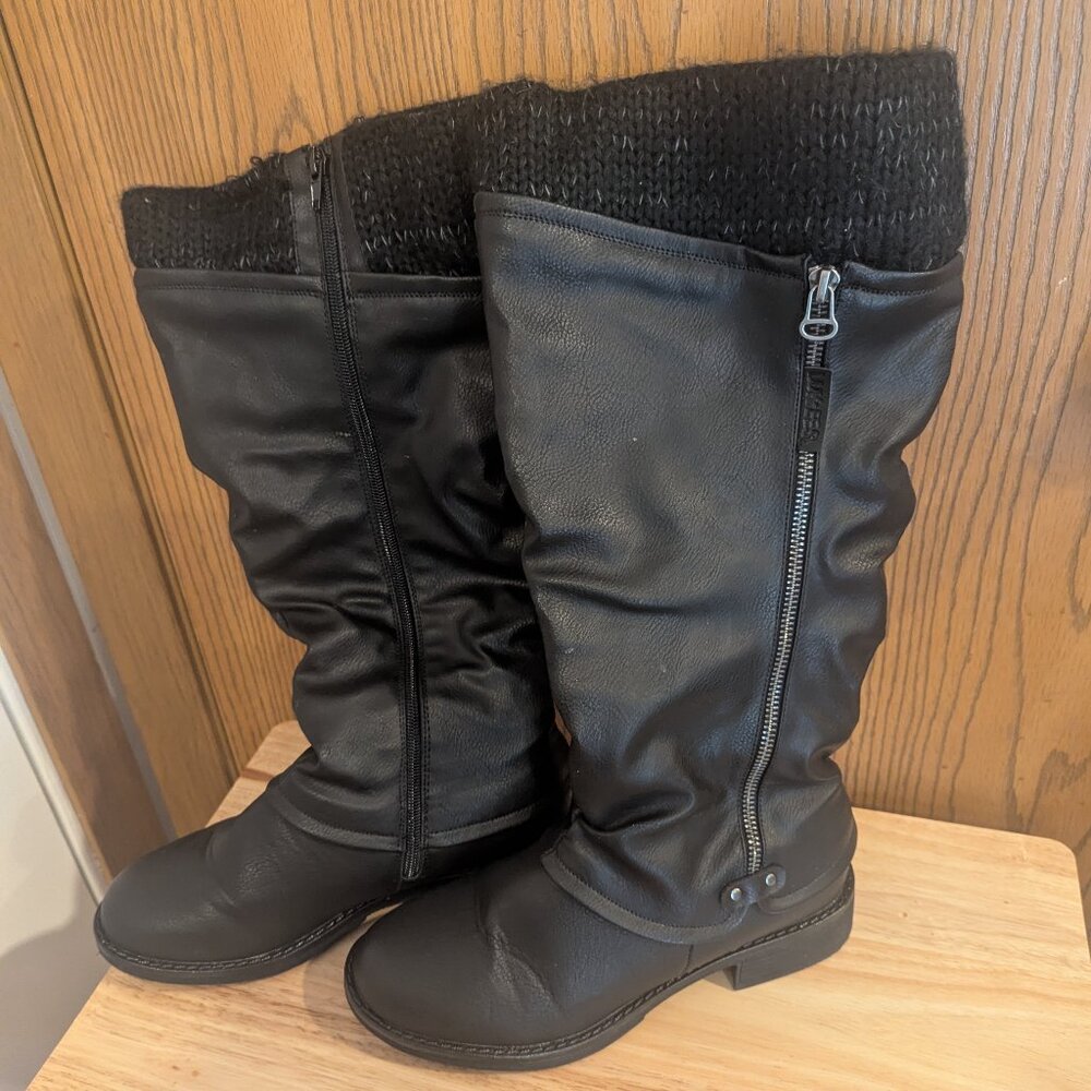 Muk Luks Knee High Zippered Black Fleece Lined Boots with Knit Trim-Women's 7